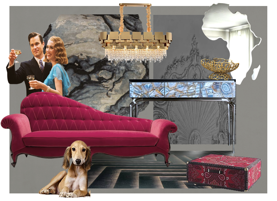 Moodboard прихожей с консолью, зеркалом, светом, отделкой пола и мягкими контрастными деталями